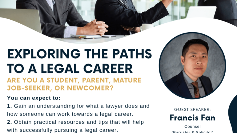 OneHub Growth's exploring the paths to a legal career workshop. Come to this event if you are a student, parent, mature job seeker, or newcomer.