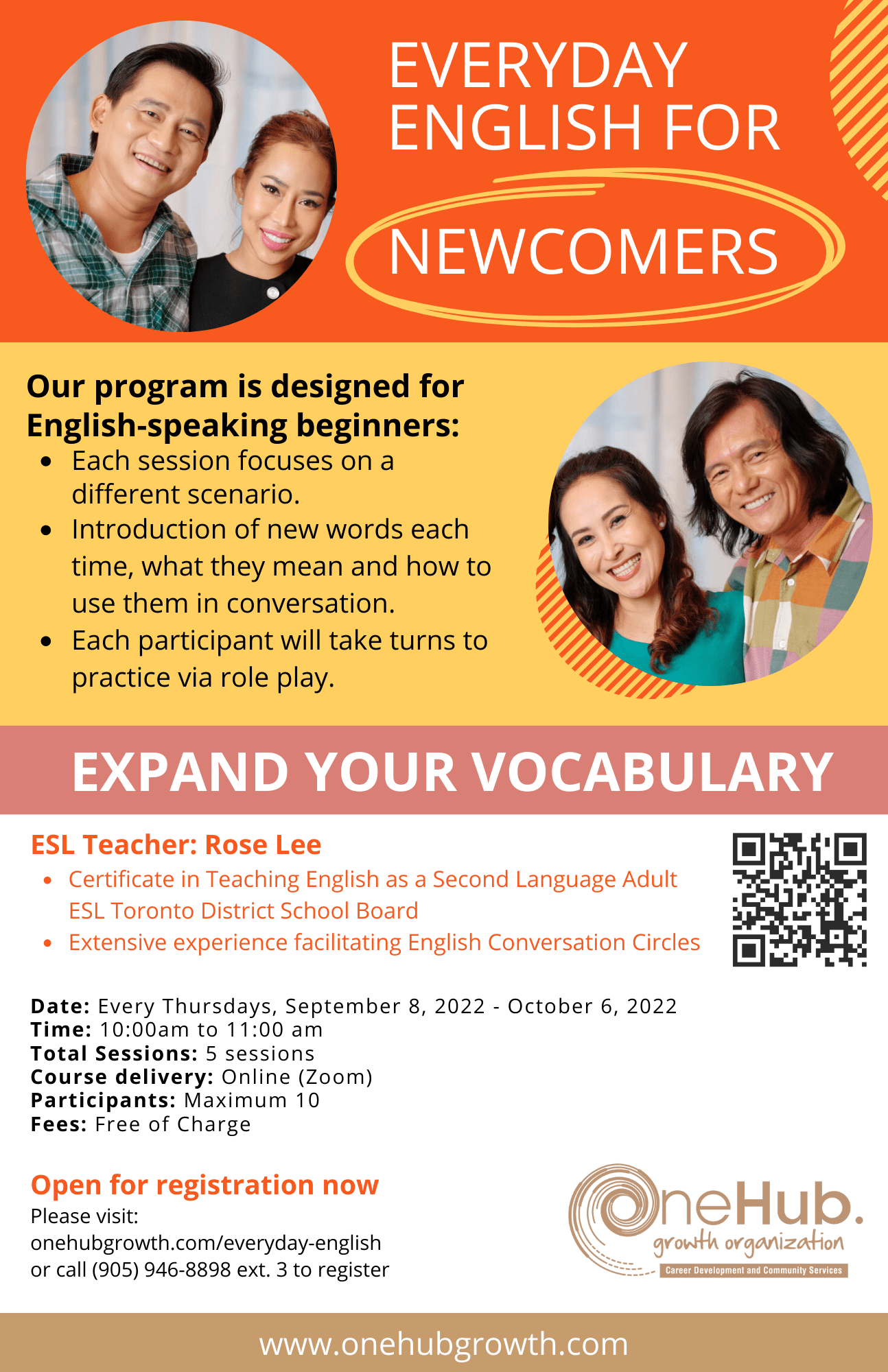 OneHub Growth everyday English for newcomers program. Come to this workshop if you are an English-speaking beginner and want to improve your English.
